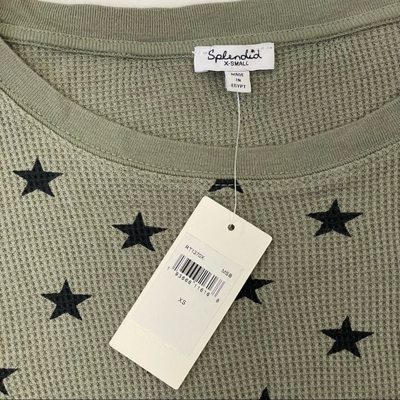 Splendid Womens Olive Green Cropped Thermal Top w/ Black Stars Print Size XS NEW - Picture 4 of 8